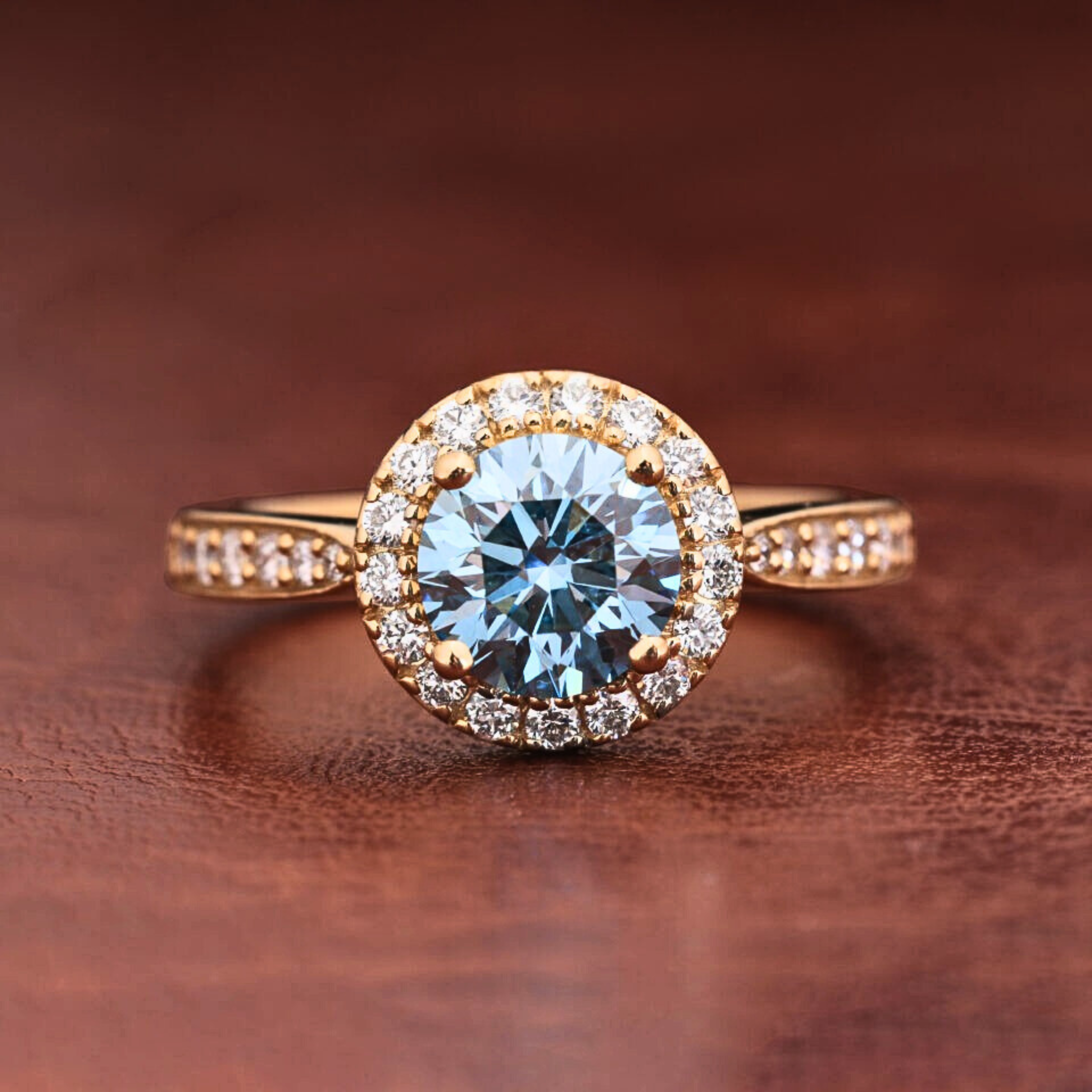 Blue Round Cut Lab Grown Diamond Halo Engagement Ring with Pave Band