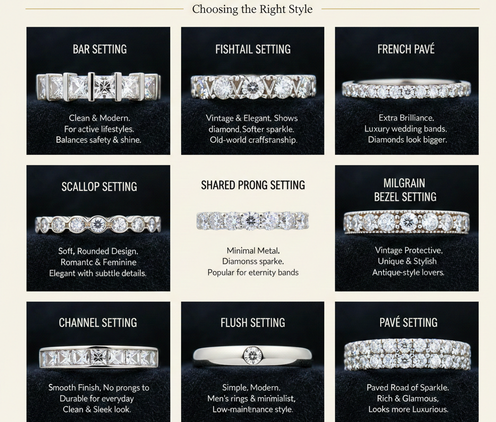 The Complete Guide to Diamond Band Settings: Style, Security, and Sparkle
