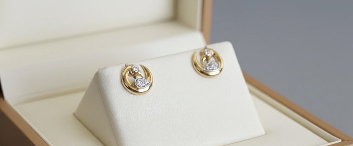 Crescent Dewdrop" 18K Two-Tone Gold Diamond Abstract Studs (0.14ct DWT)