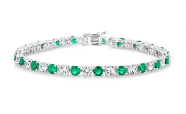 Round Created Emerald and Created White Sapphire Sterling Silver Tennis Bracelet