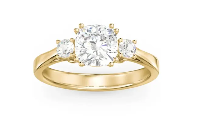 Meghan Markle Inspired 3.0 ct Lab Cushion Cut Three‑Stone Engagement Ring in 14 K Gold