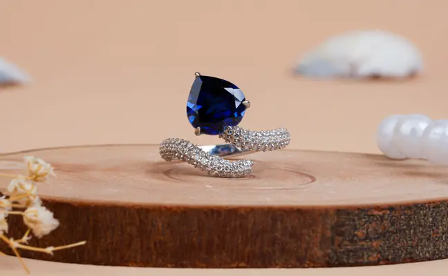 Heart Cut Blue Sapphire Ring with Pave Diamond Wrap Band