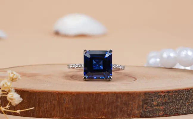 Vintage Blue Sapphire Square Emerald Cut Diamond Engagement Ring