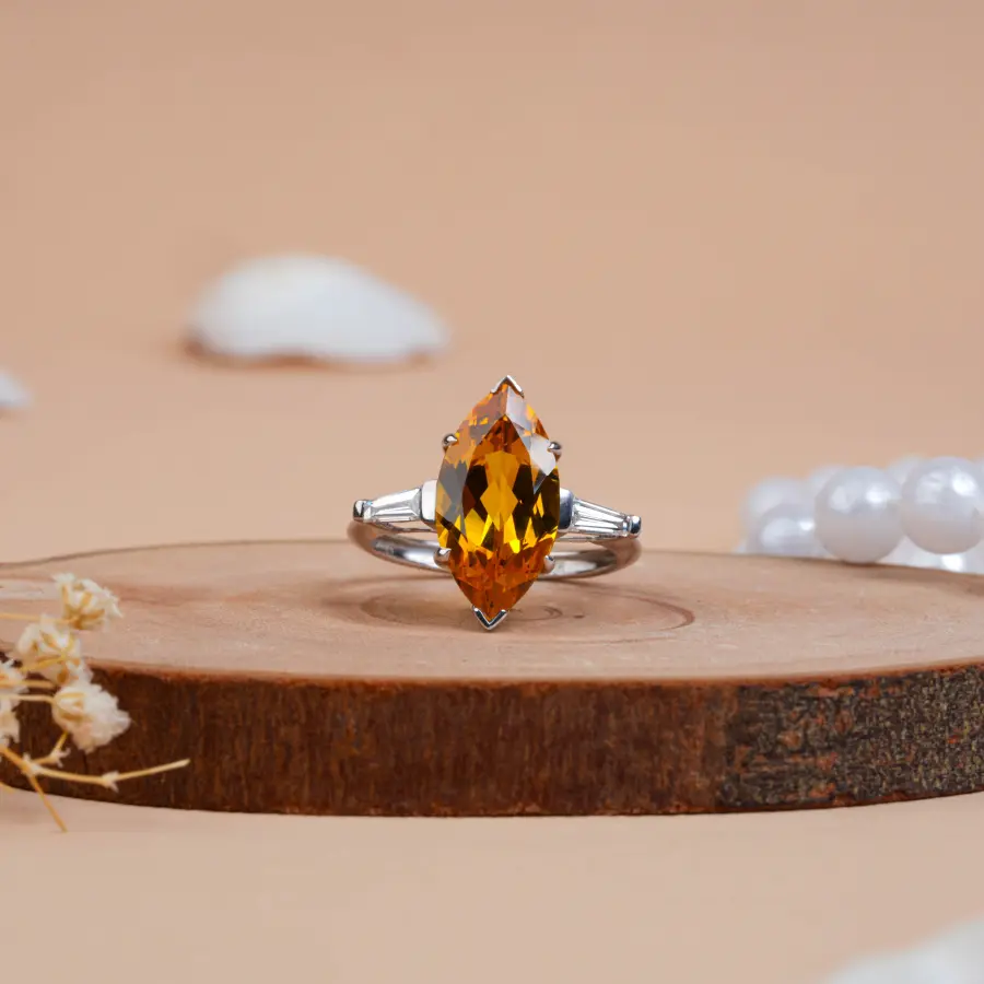 Yellow Citrine Marquise Cut Lab Diamond Ring for Women