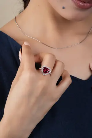 Heart Shape Garnet & Diamond Halo Engagement Ring