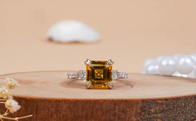 Yellow Citrine Asscher Cut Lab Grown Diamond Engagement Ring