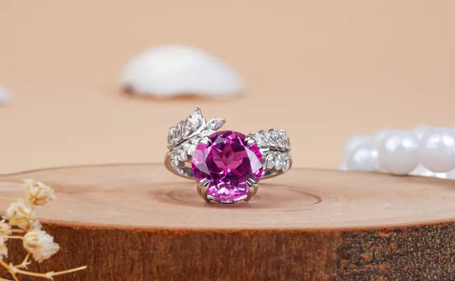 Round Cut Pink Sapphire & Diamond Leaf Engagement Ring