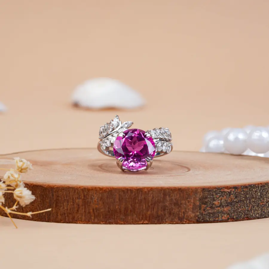 Round Cut Pink Sapphire & Diamond Leaf Engagement Ring