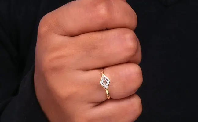 East-West Lozenge Cut Lab Grown Diamond Solitaire Ring in Bezel Setting