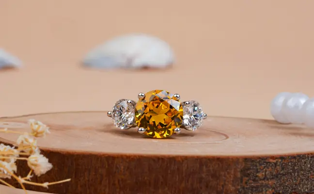 Round Citrine 3 Stone Lab Grown Diamond Engagement Ring