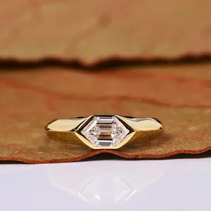 Long Hexagon Cut Lab Grown Diamond Solitaire Ring in Bezel Setting