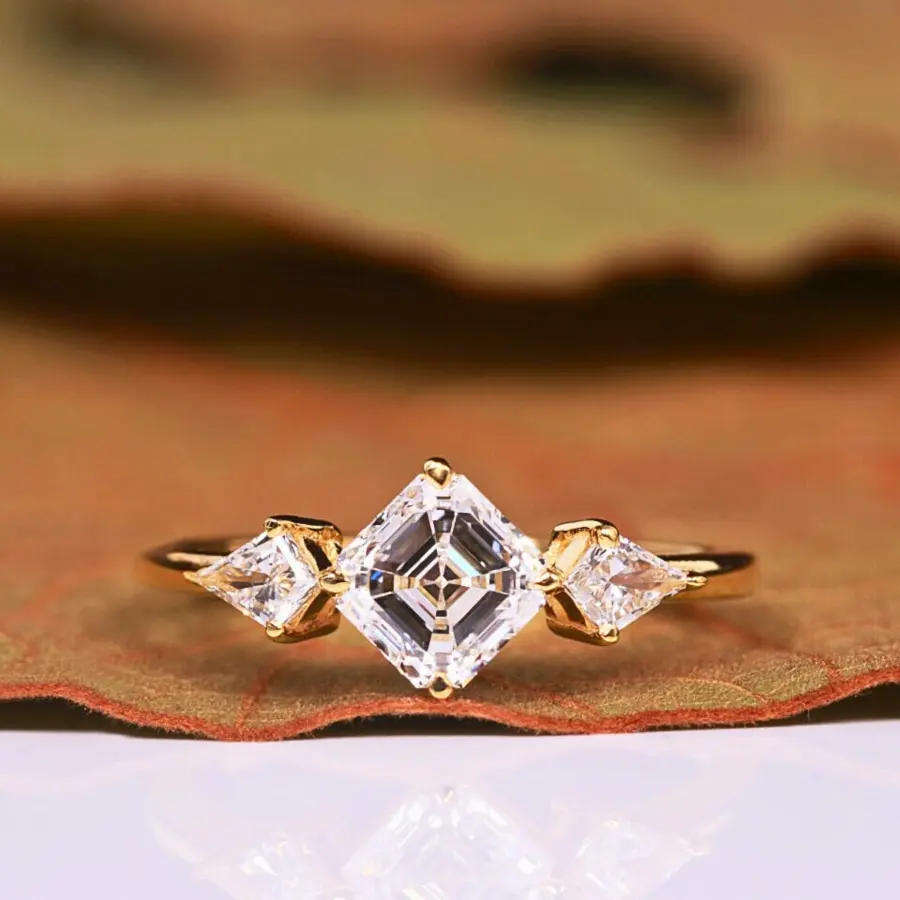 Luxury Asscher Cut Lab Grown Diamond Three Stone Engagement Ring