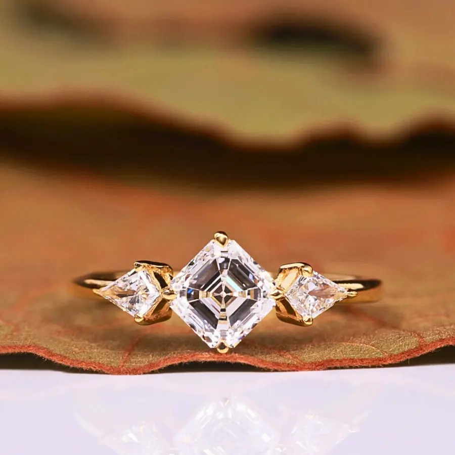 Luxury Asscher Cut Lab Grown Diamond Three Stone Engagement Ring
