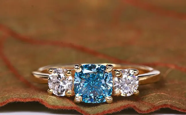 Blue Lab Grown Cushion Diamond Three Stone Ring