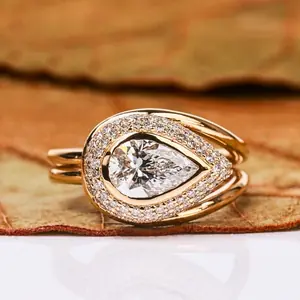 Teardrop Pear Shape Lab Grown Diamond Ring with Double Halo & Pave Band