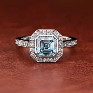 Vivid Blue Asscher Cut Lab Grown Diamond Halo Engagement Ring with Pave Band