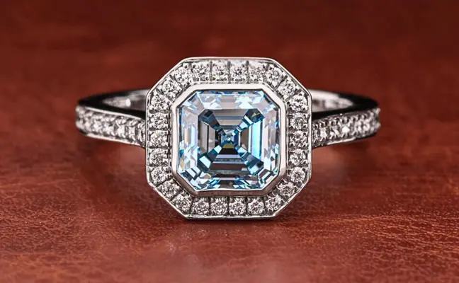 Vivid Blue Asscher Cut Lab Grown Diamond Halo Engagement Ring with Pave Band