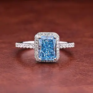 1.50 CT Blue Radiant Cut Lab Grown Diamond Halo Engagement Ring