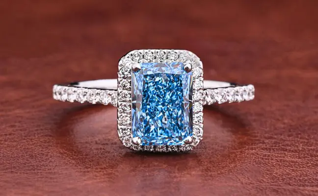 1.50 CT Blue Radiant Cut Lab Grown Diamond Halo Engagement Ring