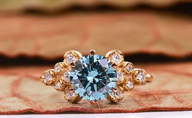 Vintage Floral Blue Lab Grown Diamond Engagement Ring