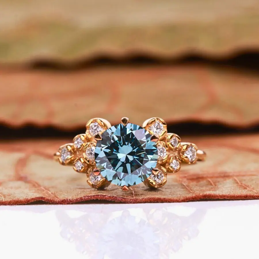 Vintage Floral Blue Lab Grown Diamond Engagement Ring