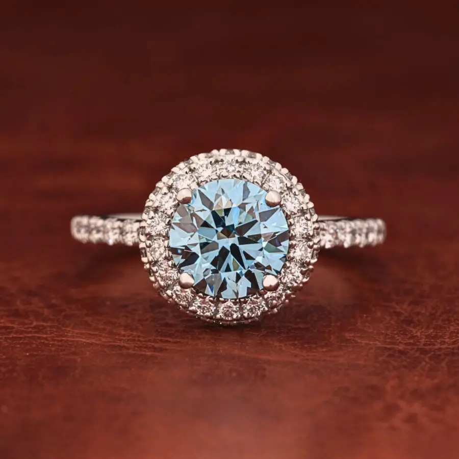 Blue Round Brilliant Cut Lab Grown Diamond Halo Engagement Ring with Pavé Shank