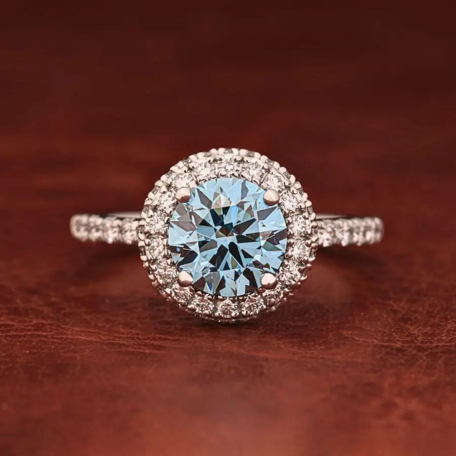 Blue Round Brilliant Cut Lab Grown Diamond Halo Engagement Ring with Pavé Shank