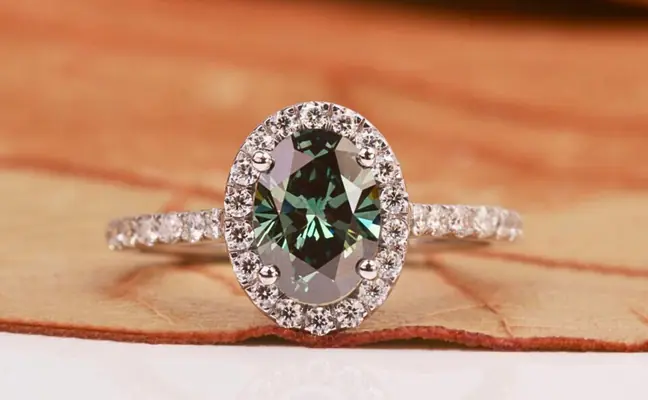 Green Oval Cut Lab Grown Diamond Halo Engagement Ring