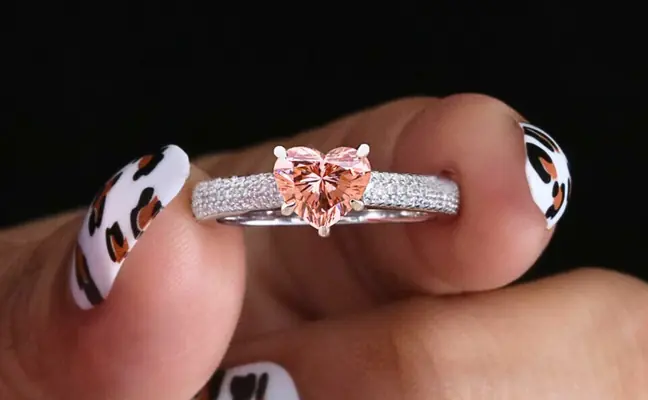 Vivid Pink Heart Cut Lab Grown Diamond Ring with Diamond Pave Band