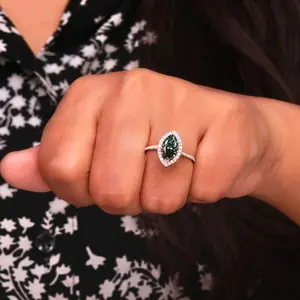 Marquise Cut Green Lab Grown Diamond Halo Engagement Ring