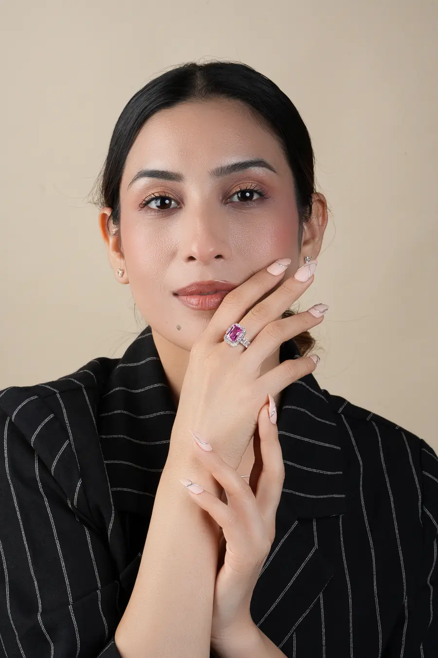 Radiant Pink Sapphire Emerald Cut Engagement Ring