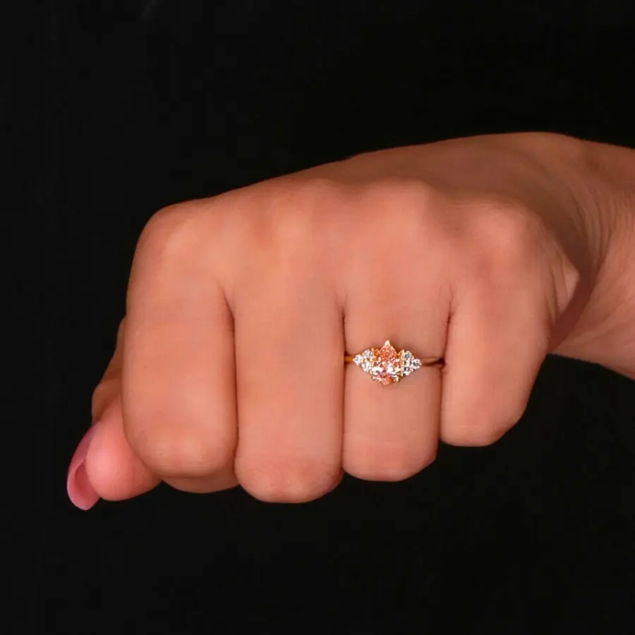 Orange Pear Cut Lab Grown Diamond Ring with Round Side Diamonds