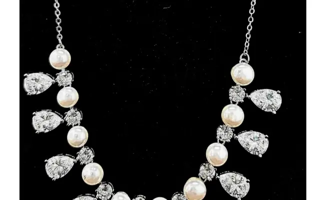 Simayaz designer freshwater white pearl and zircon necklace set