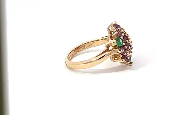 14K yellow gold, Diamond, Emerald, and Amethyst ring