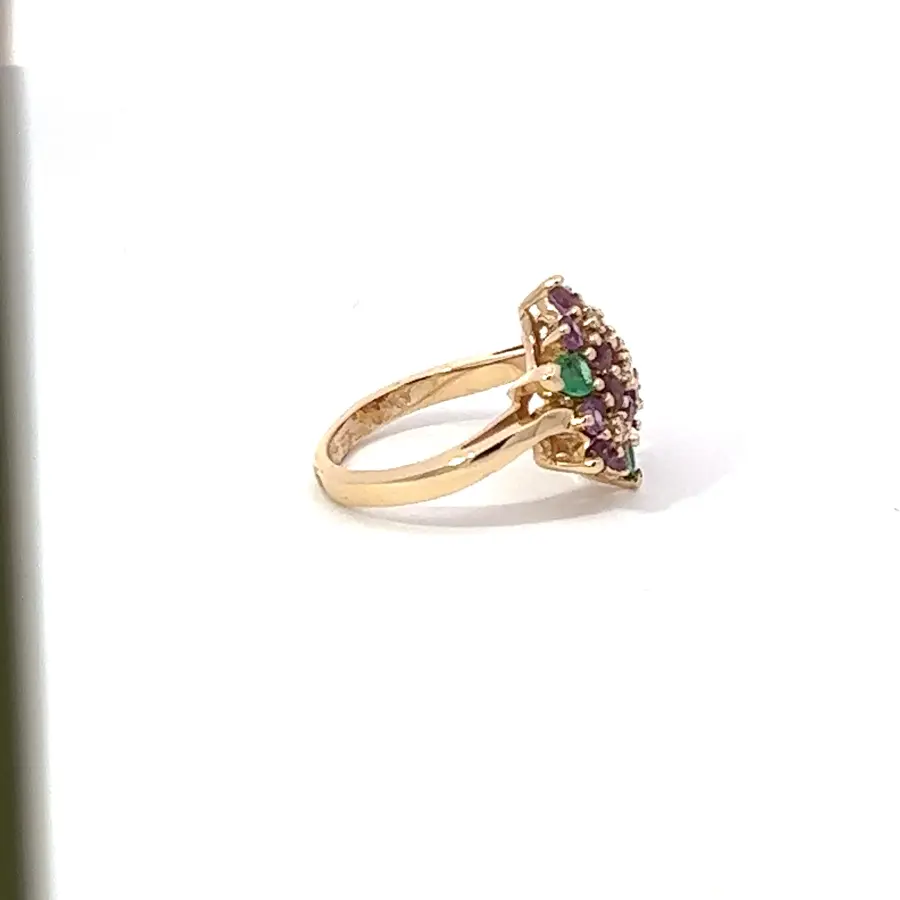 14K yellow gold, Diamond, Emerald, and Amethyst ring