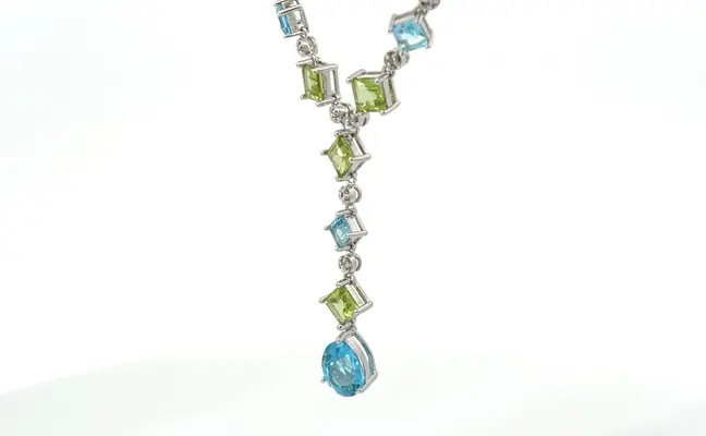 14K white gold, Diamond, Peridot, and Blue Topaz necklace