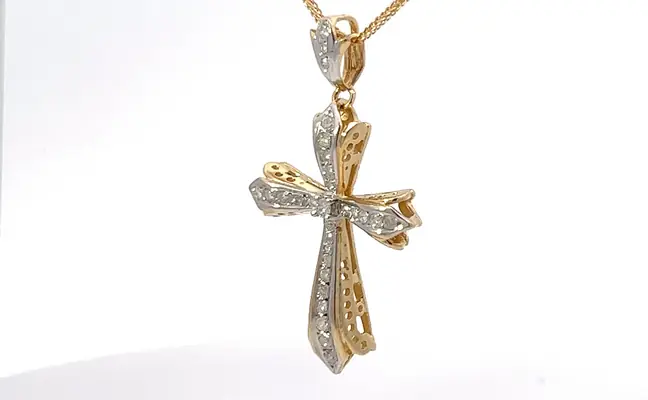 14K two-tone gold, Diamond cross necklace