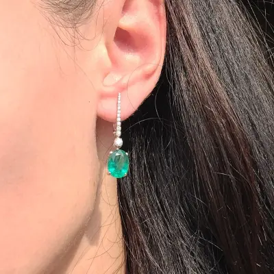 6.82 ct Emerald Oval Cut Earrings with Diamonds