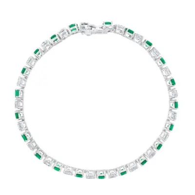 Round Created Emerald and Created White Sapphire Sterling Silver Tennis Bracelet