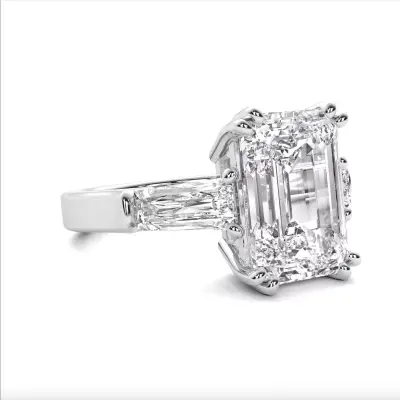 Designer Three Stone 5.65 G VS1 Lab Grown Emerald Cut Baguette Diamond Engagement Ring