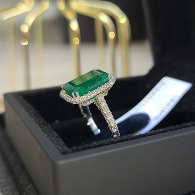 5.94 Octagon Cut Emerald Ring with Diamonds CGS