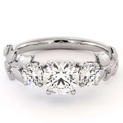 Leafy Three Stone Uniqe Prong Lab Diamond Ring
