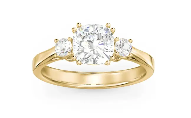 Meghan Markle Inspired 3.0 ct Lab Cushion Cut Three‑Stone Engagement Ring in 14 K Gold