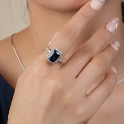 Vintage Radiant Cut Blue Sapphire Halo Diamond Engagement Ring