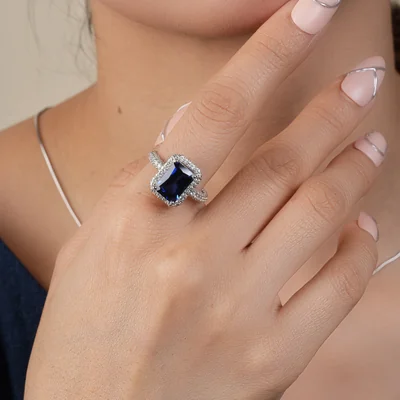 Vintage Radiant Cut Blue Sapphire Halo Diamond Engagement Ring