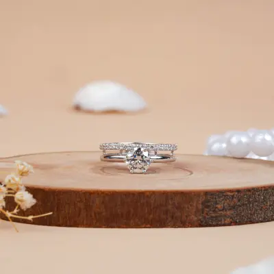 Lab Grown Solitaire Engagement Ring with Pave Wedding Band