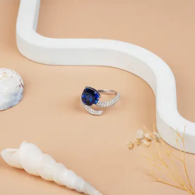 Heart Cut Blue Sapphire Ring with Pave Diamond Wrap Band