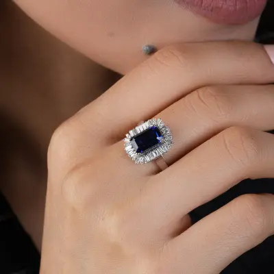 Emerald Cut blue sapphire Halo Diamond engagement Ring