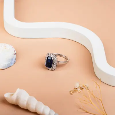 Emerald Cut blue sapphire Halo Diamond engagement Ring