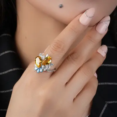 Dual Pear-Cut Citrine Diamond Cocktail Ring for Her